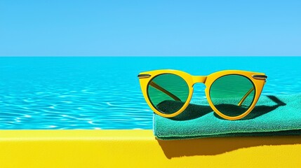 Yellow Sunglasses on Teal Towel at Sunny Beach