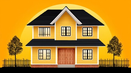 Yellow Two Story House at Sunset