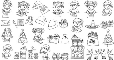 Obraz premium Christmas Wish List Doodles: Kids Writing Letters, Presents Holiday Items Black and White Vector Illustration