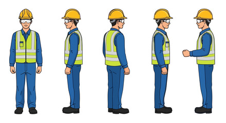 A worker in blue overalls, safety vest, hard hat, and goggles shown from multiple angles: front, side, and three-quarters view.