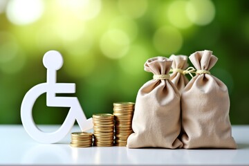 Disabled symbol beside coins and money bags, representing financial support or accessibility resources. Green background, sunny vibe.