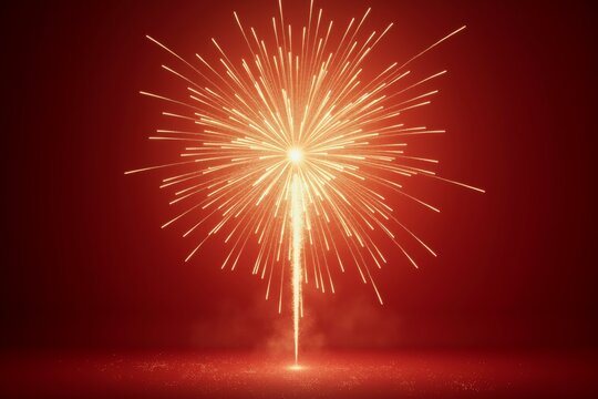 Golden fireworks explode against deep red sky, radiant trails illuminating night with festive brilliance and celebration energy.