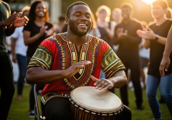 Enthusiastic musician plays traditional drum while people applaud in warm outdoor setting