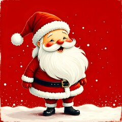 Santa Claus in a red hat and beard is isolated on white, happily holding Christmas gifts and a bag of presents for the winter season