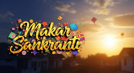 Makar Sankranti Festival India Kite Flying Celebration Sunset Background Happy Lohri Pongal Event