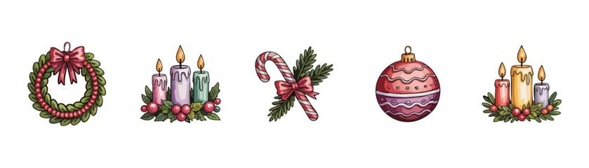 Watercolor Christmas Ornament Set and Festive Design Elements