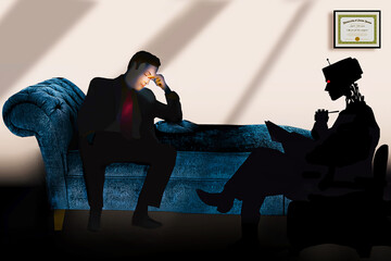 Artificial Intelligence  or AI is being used for psychotherapy because people are more comfortable talking to AI than to a human doctor. ThIs is a 3-d illustration.