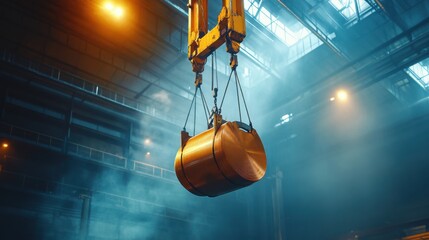 Heavy Duty Crane Lifting Metal Coil in Industrial Warehouse Setting
