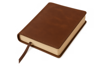 Journal or diary in brown leather with a classic design and a ribbon bookmark. Transparent background for easy integration