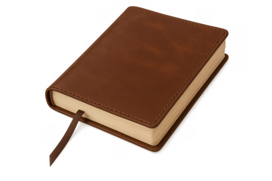 Journal or diary in brown leather with a classic design and a ribbon bookmark. Transparent background for easy integration