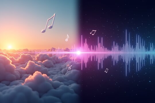 Sunset clouds meet digital audio waves, blending natures beauty with futuristic sound visualization in vibrant, surreal harmony.