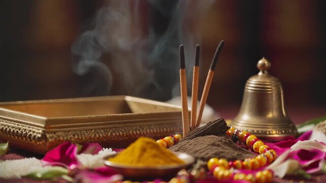 macro cinematic focus on Hindu wedding ritual elements- sindoor box, mangalsutra necklace