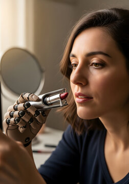 Woman Applying Lipstick Using an Advanced Prosthetic Hand