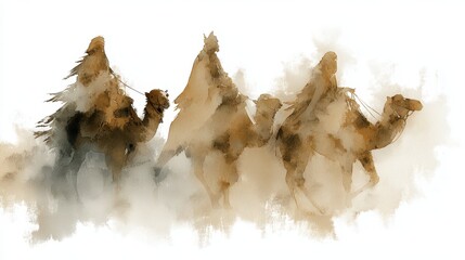 Three wise men journey through desert on camels in artistic beige tones