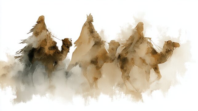 Three wise men journey through desert on camels in artistic beige tones