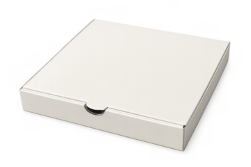 White cardboard pizza box presenting packaging for delivery and takeout meals with a clear background