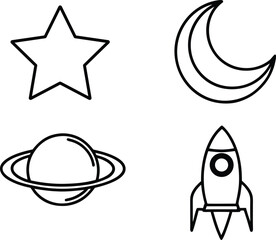 Black Outline Space Icons Star Moon Planet Rocket on White Background celestial