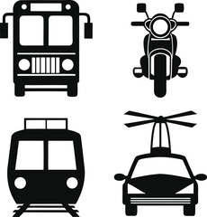 Black silhouette icons of bus train scooter and helicopter on white background transportation