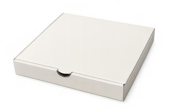 White cardboard pizza box presenting packaging for delivery and takeout meals with a clear background - Powered by Adobe