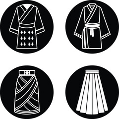 Four black and white icons of traditional clothing items kimono