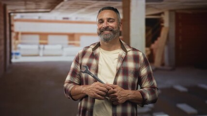 Man smiling and holding wrench with hands clasped at chest in building; pride craftsmanship experience.
