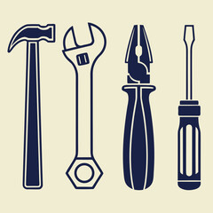 Dark blue silhouette of hammer adjustable wrench pliers and screwdriver on cream background tool