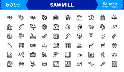 Sawmill And Lumber Industry Line Icon Set – Professional, Modern, Minimal, And Pixel Perfect Woodcutting Symbols