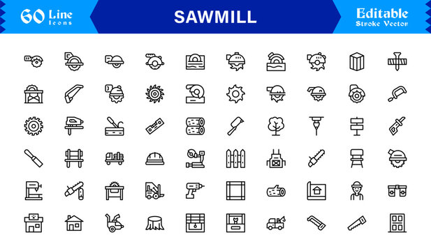 Sawmill And Lumber Industry Line Icon Set &ndash; Professional, Modern, Minimal, And Pixel Perfect Woodcutting Symbols