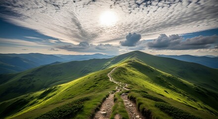 A winding dirt path leads up a lush green mountain ridge under a dramatic cloudy sky with the sun shining through