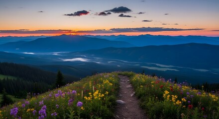 Wildflower meadow on a hilltop with a path leading to a sunset over mountains