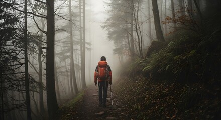 Hiker with backpack walking on a foggy forest trail in autumn