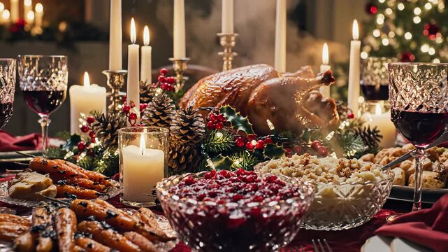 Festive Holiday Dinner Christmas Family Feast and Winter Tree