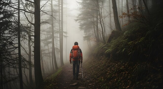 Hiker with backpack walking on a foggy forest trail in autumn - Powered by Adobe