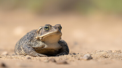 herpetology. Macro view of a Sonoran Desert Toad resting on sandy terrain in natural sunlight. wildlife magazines, conservation campaigns, designed for wildlife conservation campaigns.