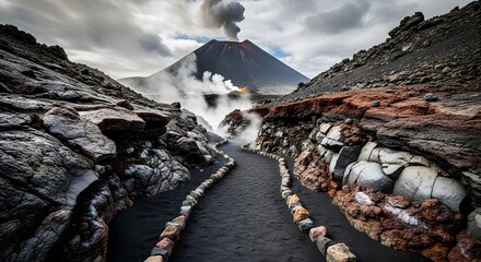 A path leads towards a smoking volcano erupting under a dramatic cloudy sky