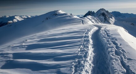 Snowy mountain path with wind blowing snow and footprints on a sunny day