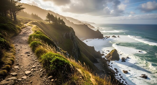 Golden hour sunbeams grace a winding coastal path overlooking the ocean and waves