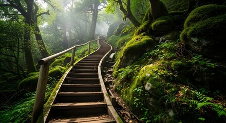 Wooden staircase winding up through a lush, mosscovered forest with sunbeams filtering through the canopy