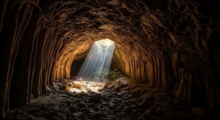 Sunbeams stream through a dark cave opening, illuminating the rocky interior