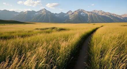 A winding dirt path leads through a golden meadow towards majestic, snowcapped mountains