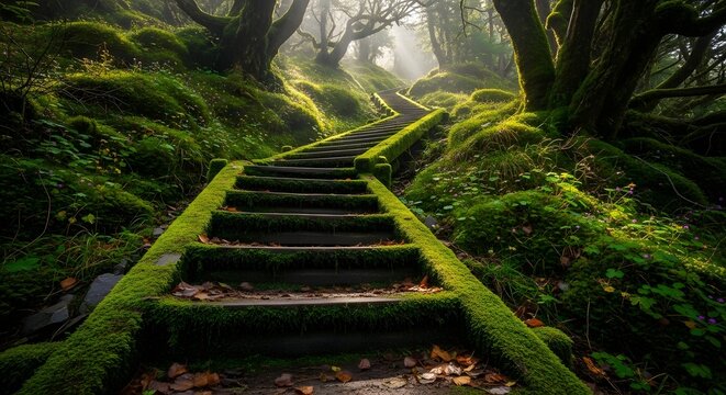 Mosscovered stone steps ascend through a mystical forest bathed in soft, ethereal sunlight