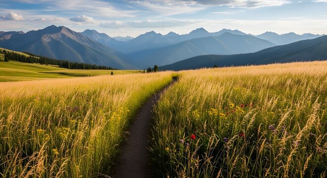 A winding dirt path through a golden meadow leads towards majestic, hazy blue mountain ranges - Powered by Adobe