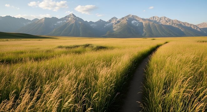 A winding dirt path leads through a golden meadow towards majestic, snowcapped mountains