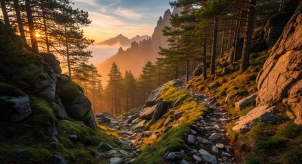 Sunlight streams through pine trees onto a rocky mountain trail at sunrise