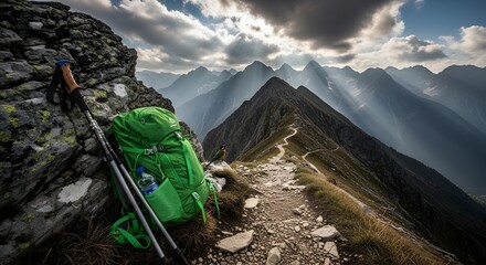 Green backpack and hiking poles on a rocky mountain trail with dramatic clouds