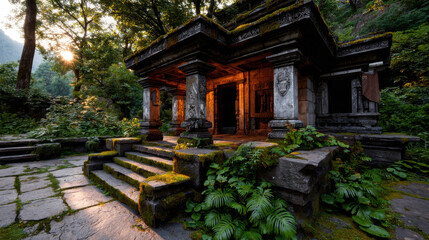 Ancient temple off beaten path surrounded by lush greenery and sunlight filtering through trees creates serene atmosphere