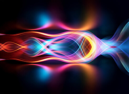 Abstract flowing light waves in vibrant colors create a dynamic and energetic visual against a dark background, showcasing a modern artistic design.