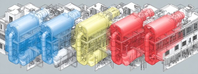 a stylized illustration depicting an industrial landscape with five panels each represented by different colors