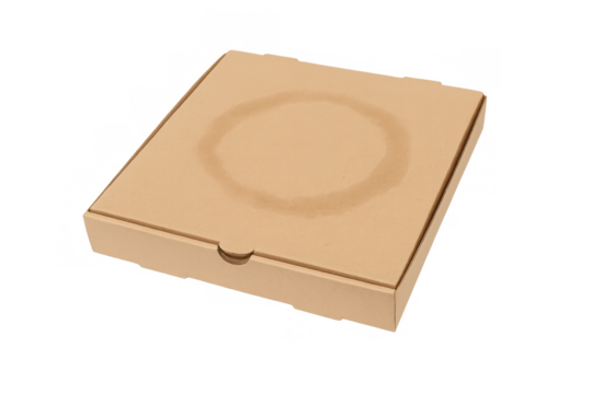 Pizza box with circular grease stain indicating warm fast food delivery packaging on transparent background