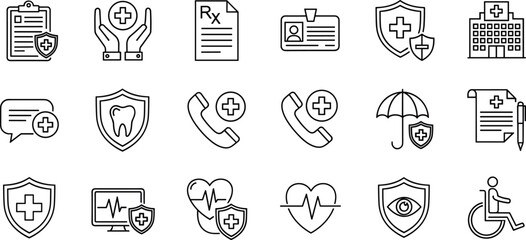 Medical insurance and healthcare line icons set, protection, hospital, dental, vision, and pharmacy symbols vector.